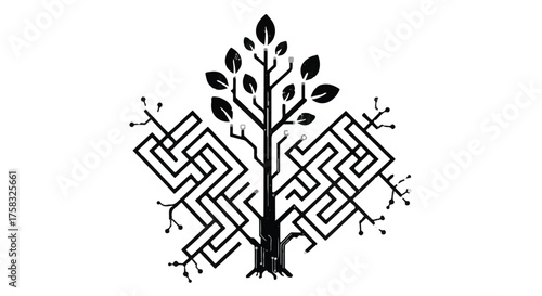 Abstract representation of growth and interconnectedness with a stylized tree and maze pattern
