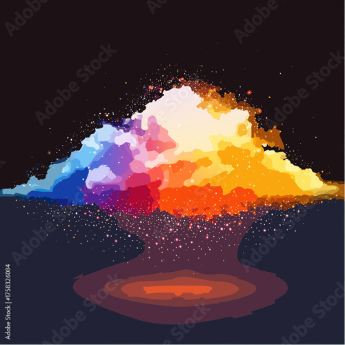A vibrant, shimmering cloud of finely ground spice powder is dramatically illuminated against a dark background.