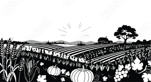 Bountiful harvest at sunrise over rolling farmland with crops and vineyard.