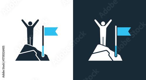 Success achievement concept icon a person standing on a mountain top with arms raised -  Glyph solid icon - Editable modern style icon.