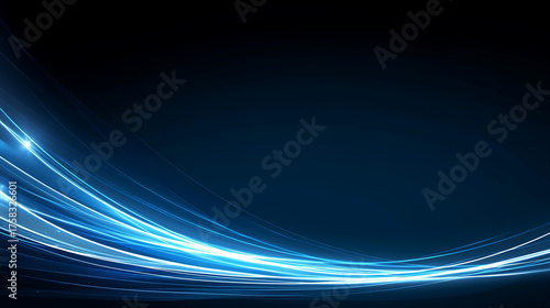 Abstract Digital Background: Bright Blue Glowing Light Streaks and Curved Energy Waves on Dark Space