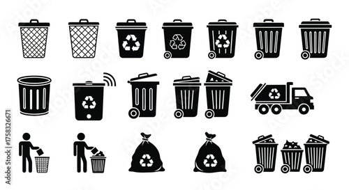 Collection of trash can icons for waste management