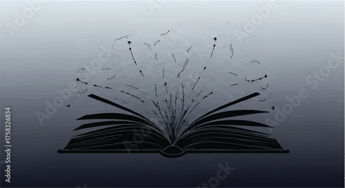 Open book with abstract lines and dots emanating, symbolizing imagination and knowledge.