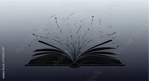 Open book releasing streams of knowledge and creativity into a gradient background.