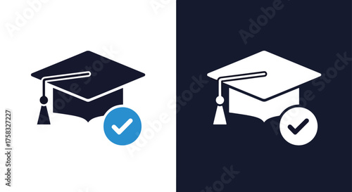 Graduation cap icon set with checkmark for academic achievement and success -  Glyph solid icon - Editable modern style icon.