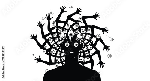 Overwhelmed mind with swirling eyes and hands representing anxiety and sensory overload.