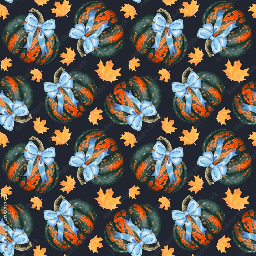Fototapeta premium Hand drawn autumn seamless pattern with pumpkins, blue bows, autumn leaves. Watercolor on dark background.