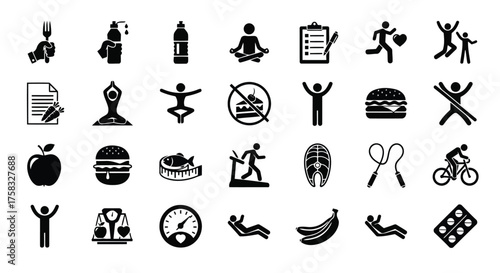 Collection of health and wellness icons representing healthy lifestyle choices