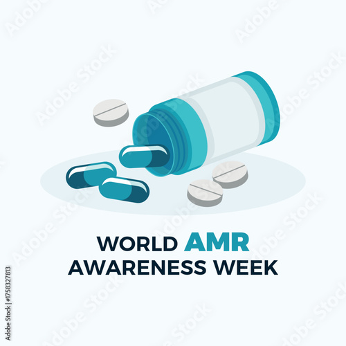 World AMR Awareness Week poster vector illustration. Antimicrobial resistance symbol. Teal pill bottle and pills vector. Template for background, banner, card. In November every year. Important day