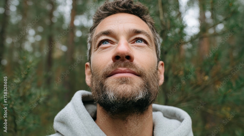 Fototapeta premium Man in woods looking up.