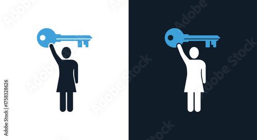 Person holding up blue key icon symbolizing access success and solutions -  Glyph solid icon - Editable modern style icon.