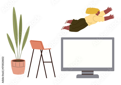 Person mid-air diving toward large monitor screen next to tall potted plant and modern chair. Ideal for creativity, escapism, innovation, entertainment, humor, imagination, simplicity. A simple flat