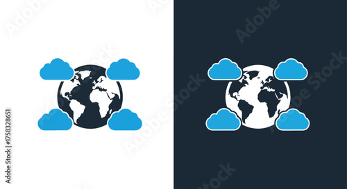 Cloud computing icons global data network technology earth connected to clouds -  Glyph solid icon - Editable modern style icon.