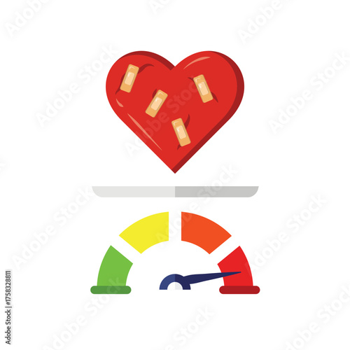 Injured red heart with bandages and plasters on credit score meter, healing love vector illustration symbolizing recovery, relationship repair, and emotional balance.