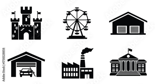 Collection of black and white building icons for web and print use -  Glyph solid icon - Editable modern style icon.