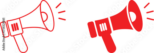 Megaphone vector in red color loudspeaker icon in flat modern style, communication and announcement concept design isolated on transparent background.