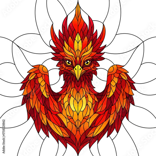 Intricate stained glass illustration of a friendly and wise phoenix bird character with beautiful details