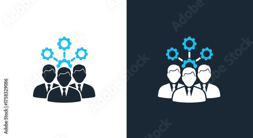 Teamwork concept abstract gears connecting people icon set digital connection network -  Glyph solid icon - Editable modern style icon.