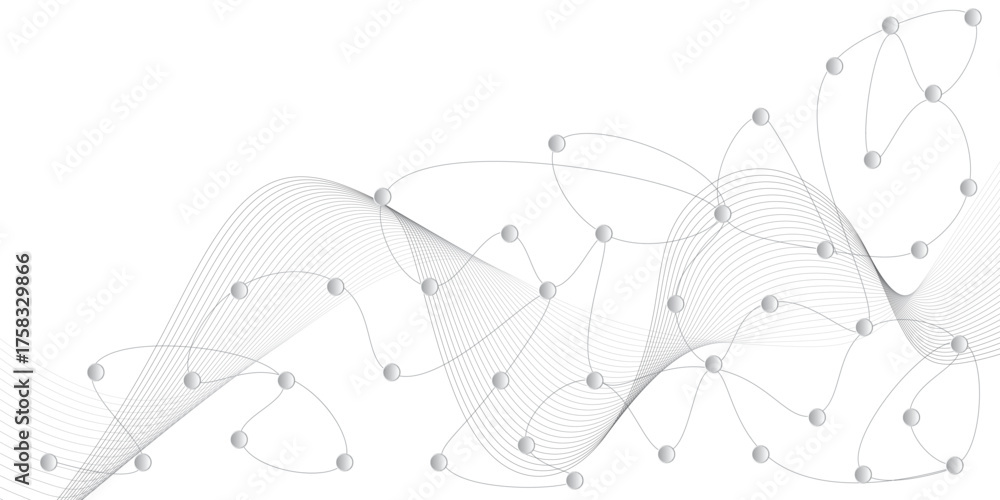 Obraz premium Technology background with dynamic flowing lines and connected spheres forming abstract digital network pattern in gray tones.