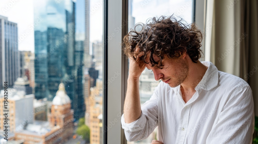 Obraz premium Tired young man with headache in modern office