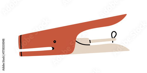 Tag attacher, fastener tool. DIY craft instrument with loop and clip. Stationery supply, stapler accessory for fastening and stapling. Flat vector illustration isolated on white background