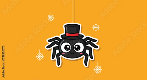Cartoon spider wearing top hat hangs from string against orange backdrop with snowflake details, creating a cute and whimsical Halloween mood.