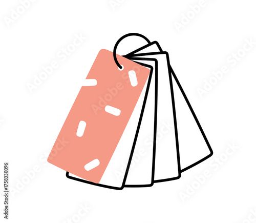 Sample swatch, color and material palette, paper cards set on ring. Textures and textiles fan, assortment catalog, sampler book for design. Flat vector illustration isolated on white background