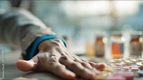 human hands rejecting unnecessary antibiotics, concept of antibiotic resistance, bright natural lighting, hospital table with medicines