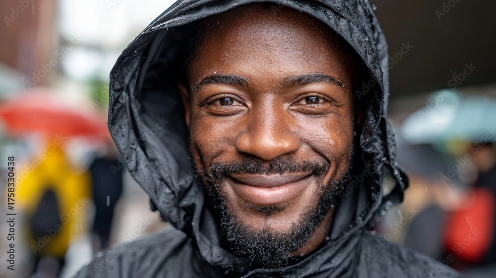 Fototapeta premium Man in hoodie smiling under umbrella in rainy city street.