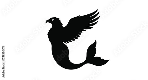 Mythical griffin creature silhouette with eagle head and fish tail on white background