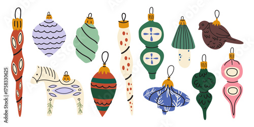 Festive retro Christmas tree decorations. Christmas glass balls of different shapes and sizes, decorative figures, tree decorations, ornaments and baubles. Seasonal vector winter holiday illustration