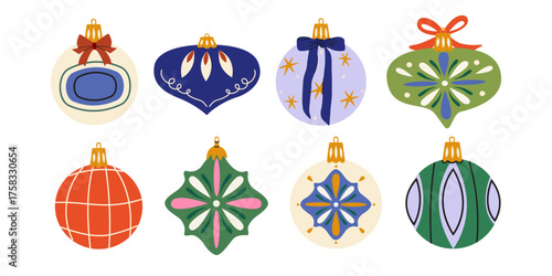 Festive retro Christmas tree decorations. Christmas glass balls of different shapes and sizes, decorative figures, tree decorations, ornaments and baubles. Seasonal vector winter holiday illustration