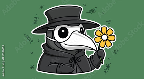 Plague doctor holding yellow flower on green backdrop, symbolizing hope and resilience in the face of adversity, creating a whimsical and symbolic image.