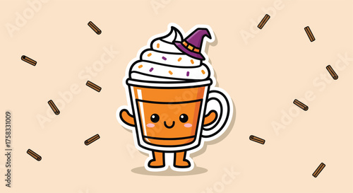 Cute pumpkin spice latte character wearing a witch hat stands on a beige surface with sprinkles, creating a whimsical and festive autumn mood.