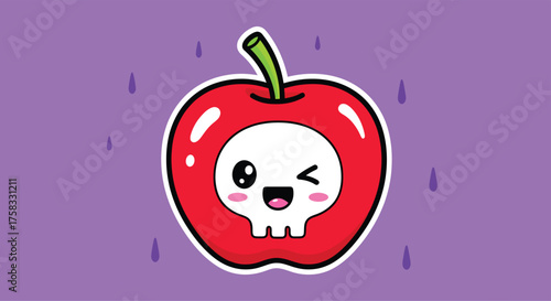 Cute skull shaped apple winking on purple surface with light rain, creating a playful and slightly edgy vibe.