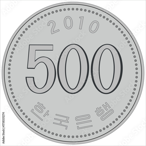 Reverse of South Korea coin 500 won 2010 with inscription meaning BANK OF KOREA. Vector image