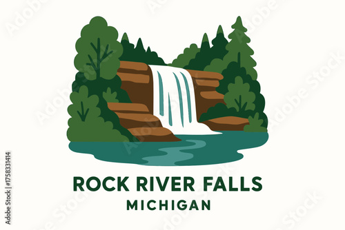 rock river falls michigan scenic landscape design showing flowing waterfall rocks river and surrounding forest on clean minimal flat layout representing nature tranquility and outdoor adventure