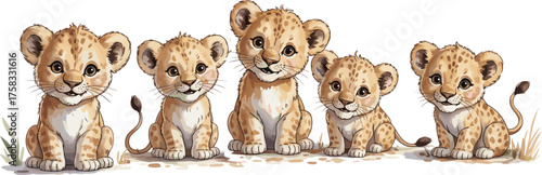Cartoon lion cubs sitting in row, cute animal clipart set, expressive jungle character illustration, wildlife design
