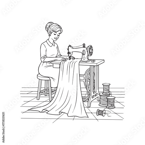Vintage woman sewing dress with antique machine in a studio workshop artistry detail