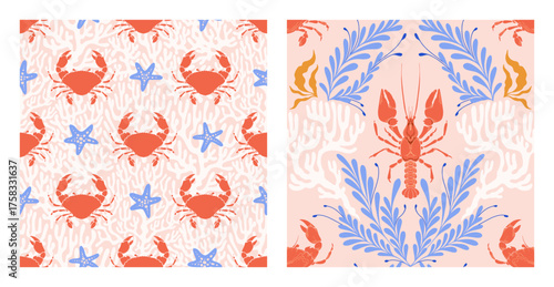 Lobster, Crab Seamless Pattern Set with Seaweed and coral on pink Background. Whimsical Vintage coastal print with retro seafood illustration and ocean life. Perfect for marine designs, seaside decor