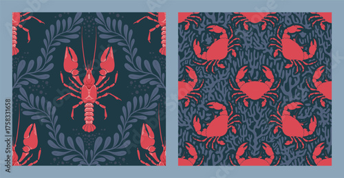 Lobster, Crab Seamless Pattern Set with Seaweed and coral on dark Background. Whimsical Vintage coastal print with retro seafood illustration and ocean life. Perfect for marine designs, seaside decor