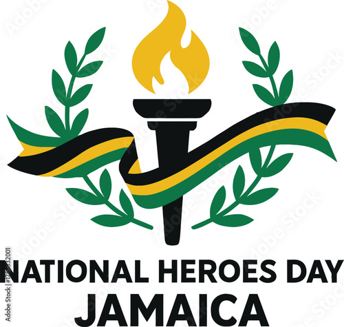 national heroes day jamaica celebration design showing stylized torch flame laurel wreath and flag colors representing courage pride and unity on clean minimal layout