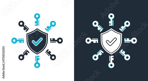 Cybersecurity shield with multiple keys connected web icon set for digital security and access -  Glyph solid icon - Editable modern style icon.
