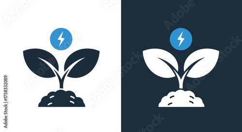 Renewable energy symbol growing plant with lightning bolt icon for eco-friendly power -  Glyph solid icon - Editable modern style icon.