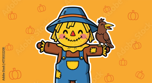 Cute scarecrow with a friendly crow perched on its shoulder stands cheerfully amidst a pumpkin patch, embodying the spirit of autumn and harvest season.