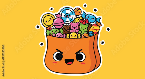 Halloween candy bag overflowing with colorful sweets and treats on bright yellow surface, creating festive and joyful atmosphere.