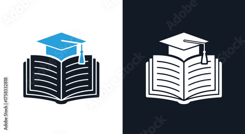 Open book with graduation cap icons set for education and learning concepts -  Glyph solid icon - Editable modern style icon.