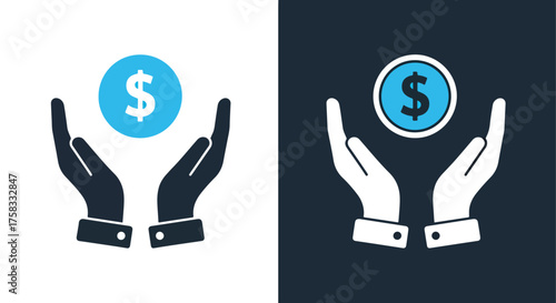 Two handed dollar coin icon set for financial and business concepts with blue coin -  Glyph solid icon - Editable modern style icon.