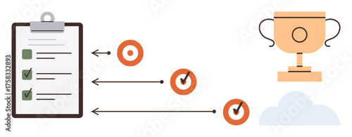 Clipboard with checklist, arrows leading to targets, check marks, and trophy illustrate goal-setting, task prioritization, achievement, motivation, planning productivity and results. Ideal