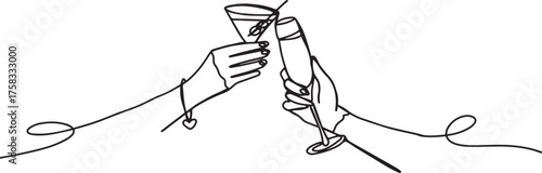 One Line Art Women Clinking Wine and Cocktail Glasses Vector – Minimal Continuous Line Drawing of Celebration, Friendship, and Elegant Party Scene Artwork